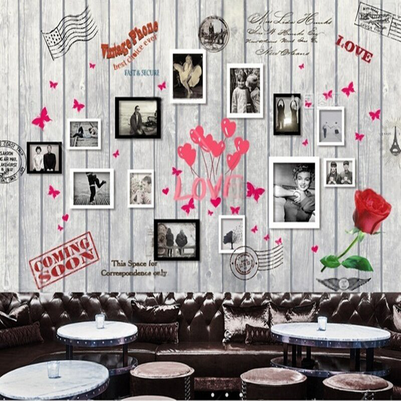 Commercial Wallpaper Printing - European and American wood grain heart-shaped