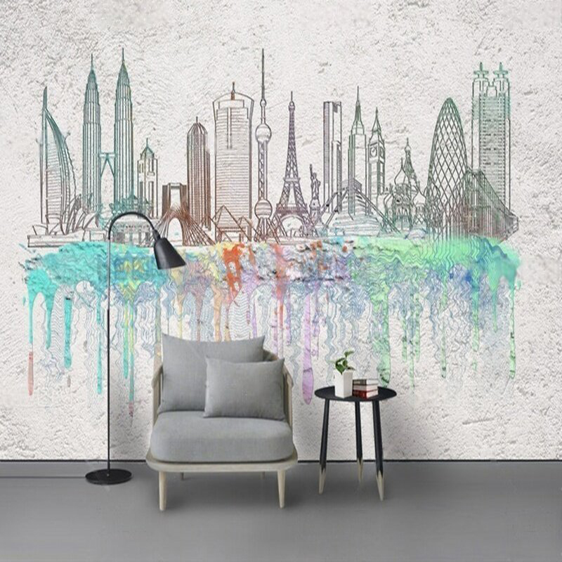 Modern watercolor city silhoue - Commercial Wallpaper Printing recension och pris